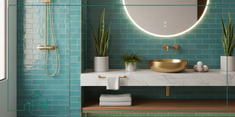 آجر لعابدار فیروزه‌ای در دیوار حمام لوکس