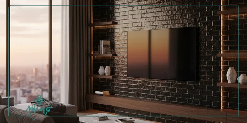 دیوار دکوراتیو پشت تلویزیون با آجر لعاب‌دار مشکی مات و نورپردازی مخفی